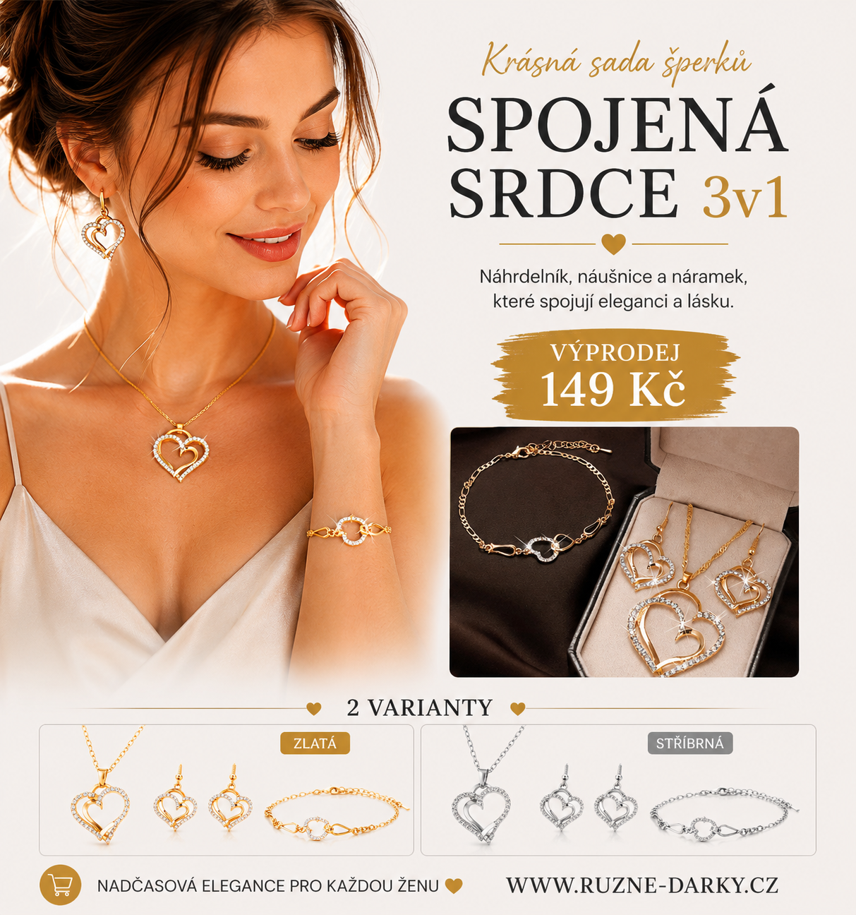 Krásná sada šperků spojená srdce 3v1