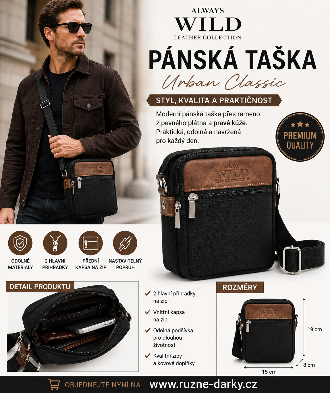 Pánská taška přes rameno Always Wild s hnědou vsadkou z hladké kůže