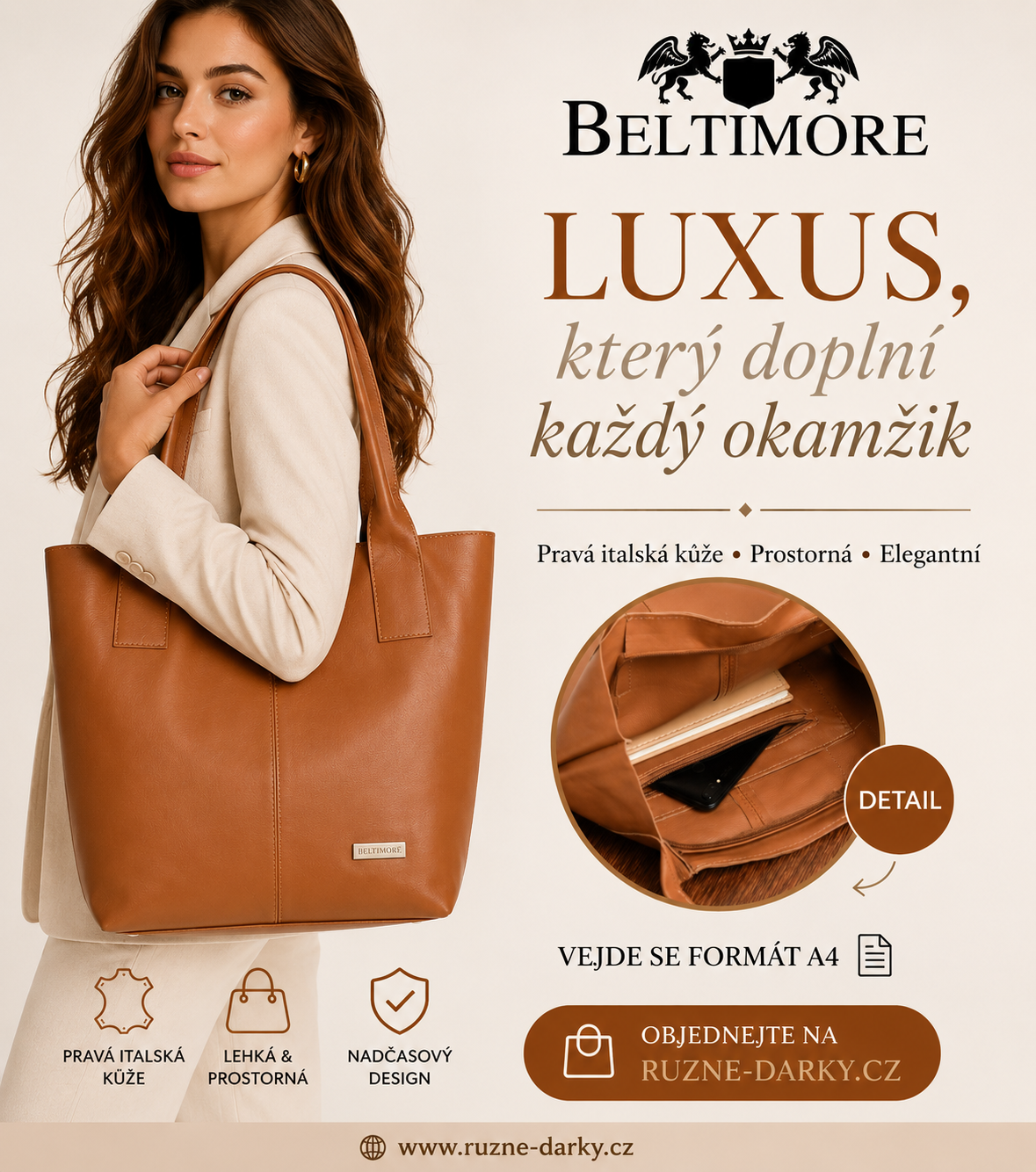 Luxusní velká dámská kožená kabelka Beltimore Cognac Chic