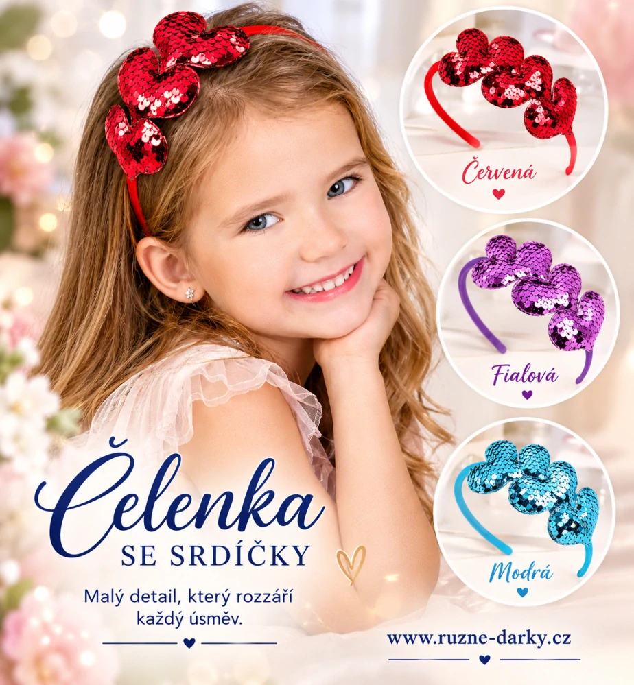 Dětská párty čelenka s třpytivými srdíčky
