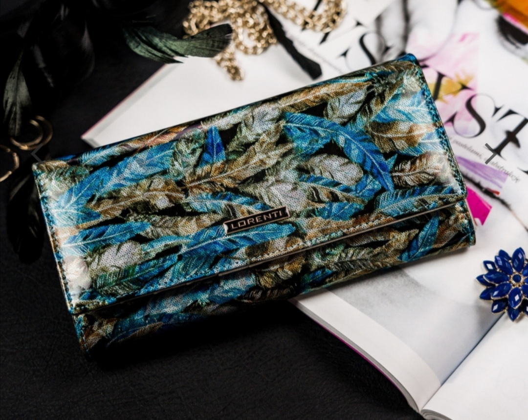 Velká dámská kožená lakovaná peněženka Lorenti peří 