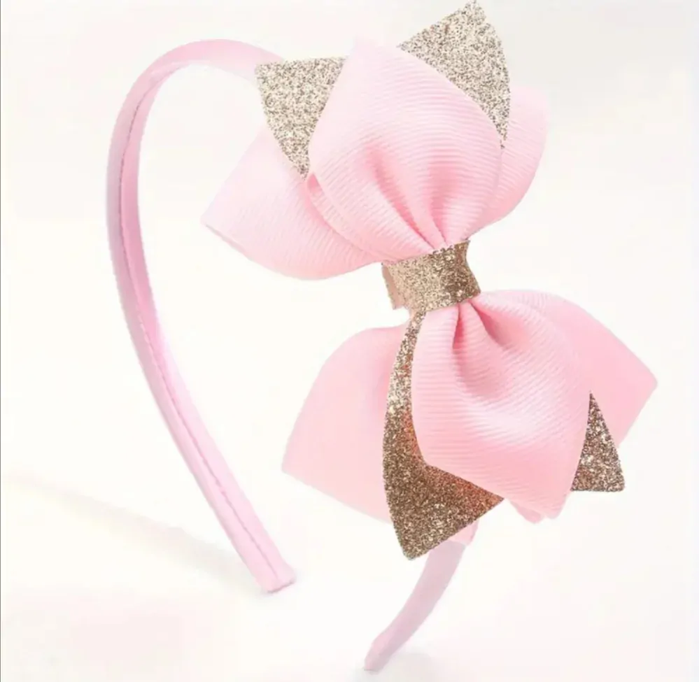 Dětská vlasová čelenka s mašlí a zlatým zdobením růžová 