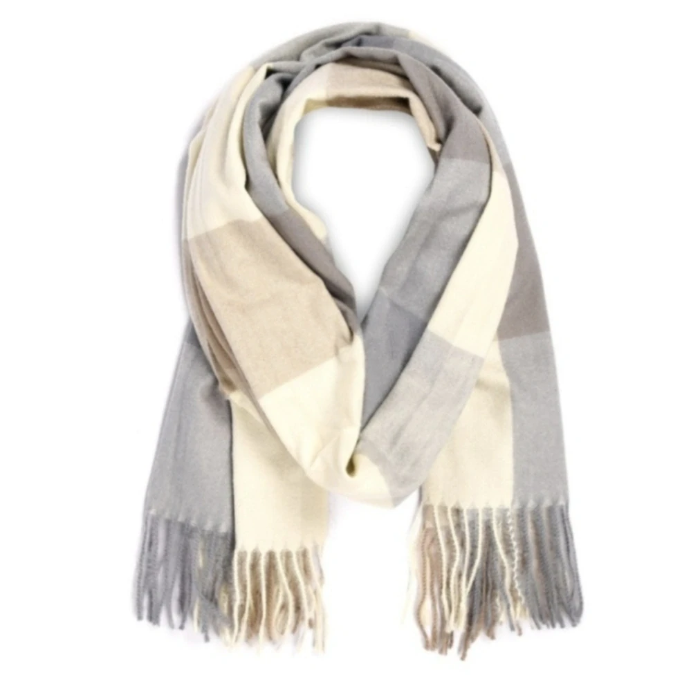 Kašmírová Versoli velká dámská módní šála béžovo- šedá kostka