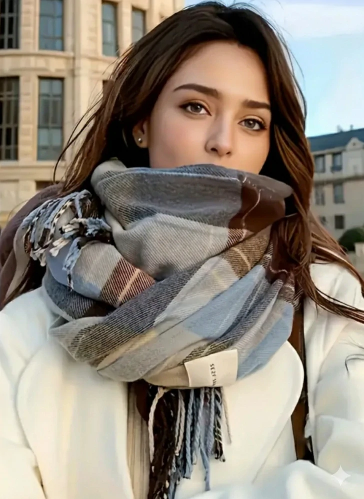 Luxusní kostkovaná šála v modro - hnědých tónech 