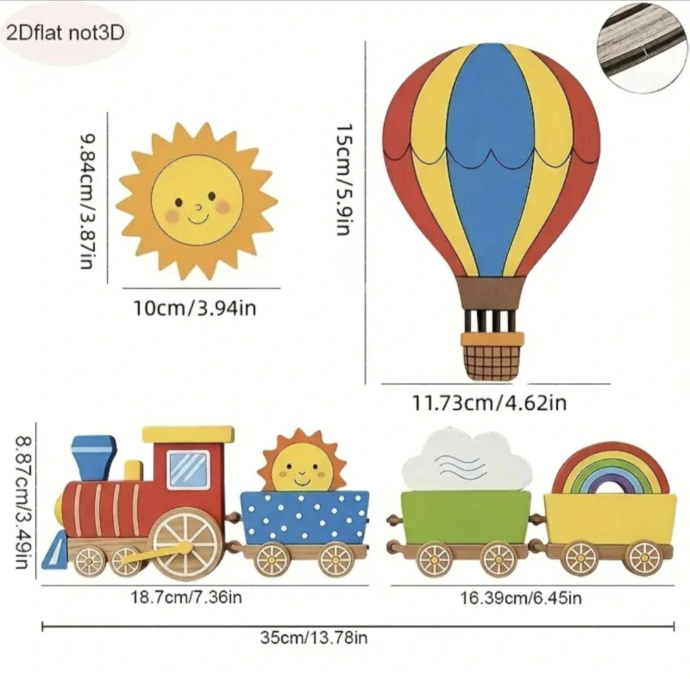 Dřevěná dekorace na zeď - slunce, balón, vláček 
