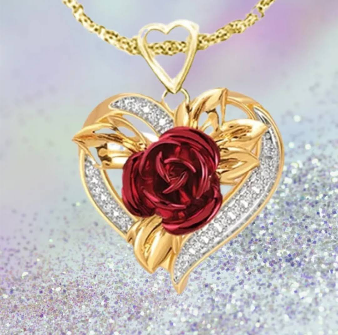 Řetízek s přívěskem srdce s růží vykládaný krystaly