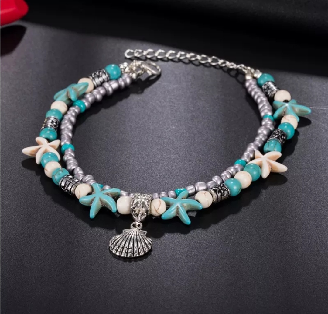 Dvojitý řetízek na nohu s tyrkysovými doplňky 