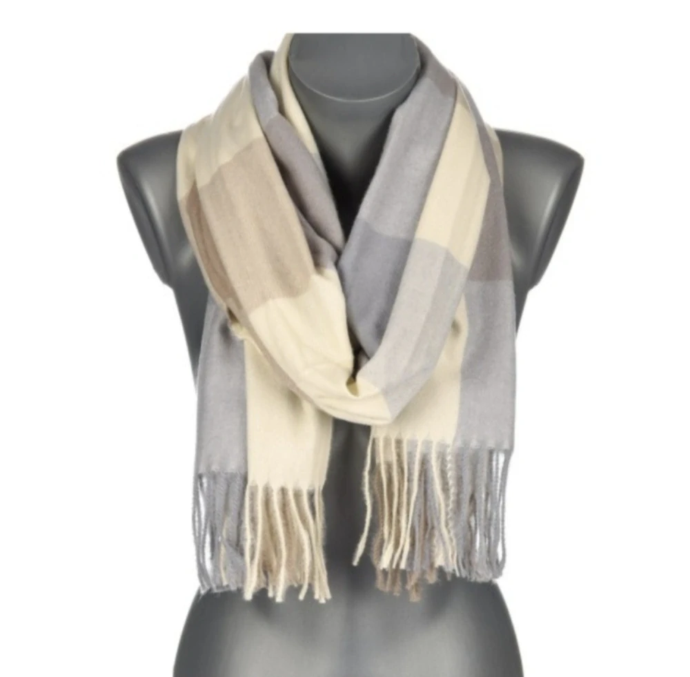 Kašmírová Versoli velká dámská módní šála béžovo- šedá kostka