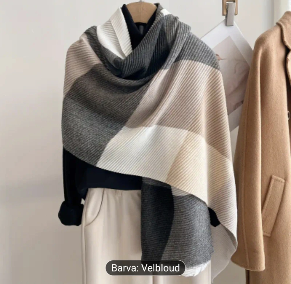 Luxusní žebrovaná zimní šála - šedo béžová