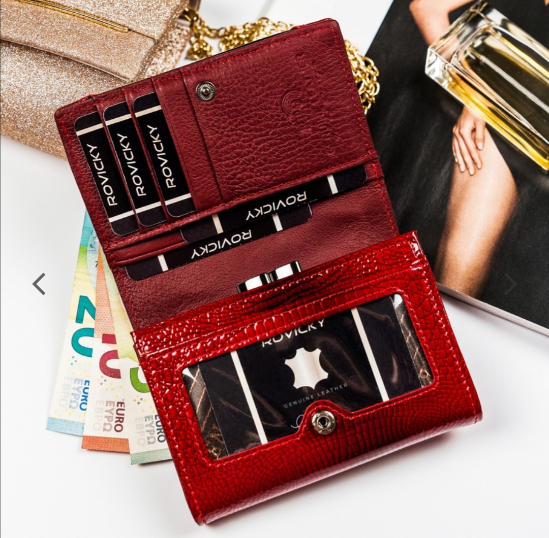 Malá dámská kožená lakovaná peněženka Lorenti červená s černou vsadkou Croco 