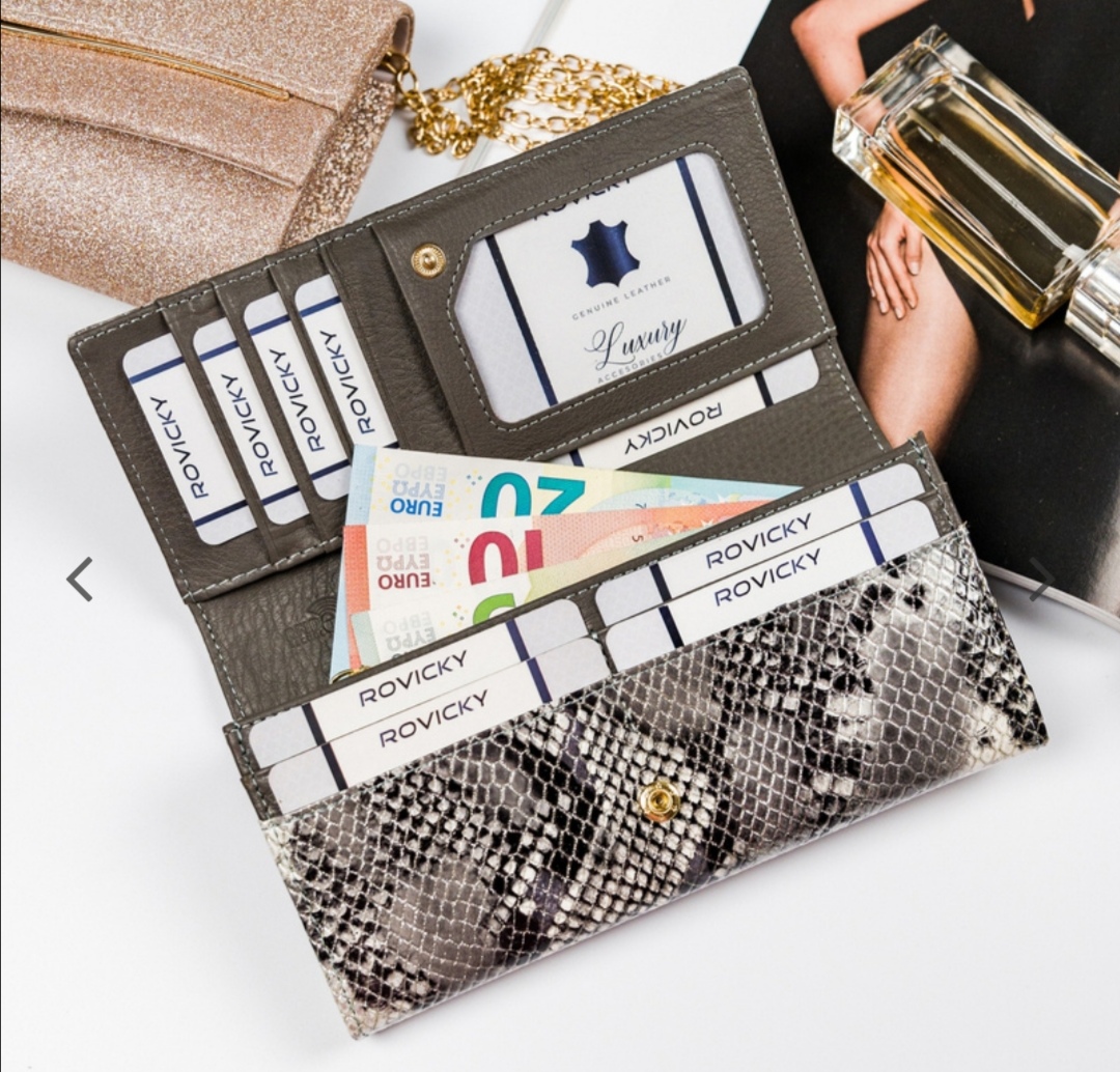 Velká dámská kožená peněženka Rovicky stříbrná hadí kůže 