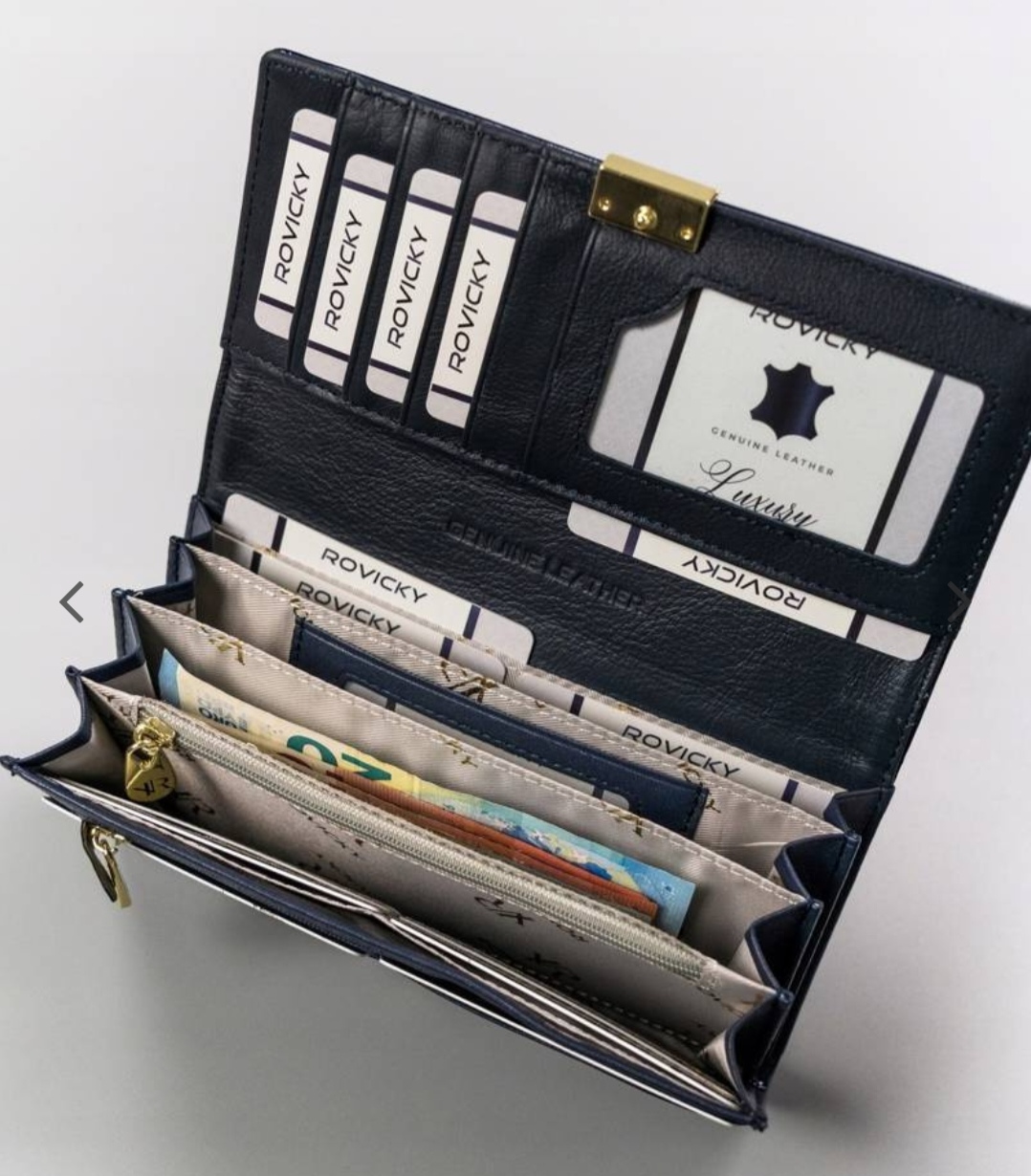 Velká dámská kožená lakovaná peněženka na patentku a zipy Rovicky modrá 