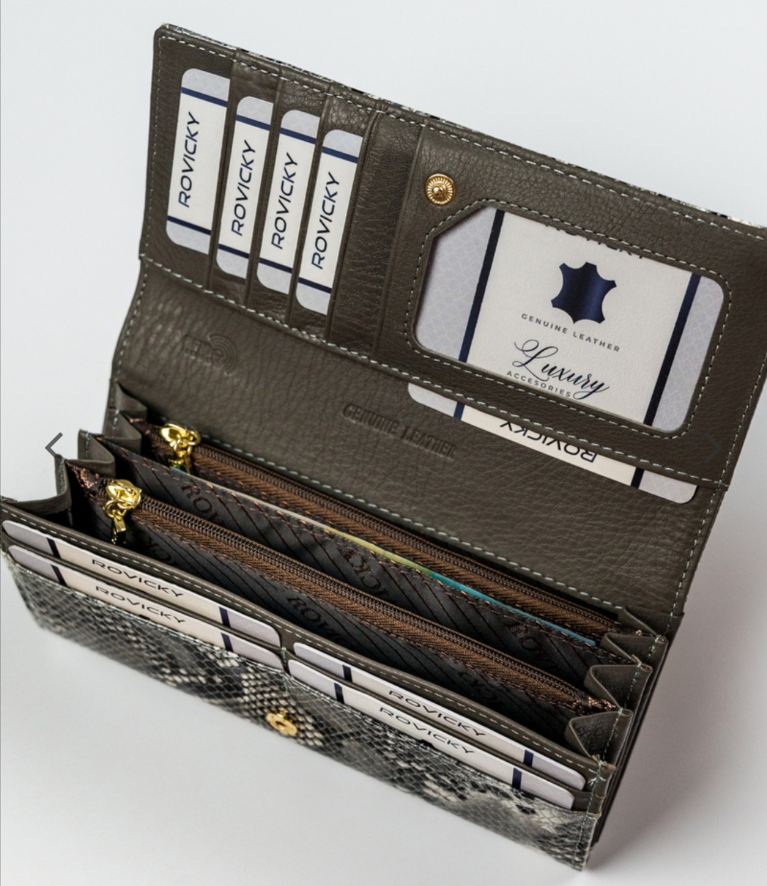 Velká dámská kožená peněženka Rovicky stříbrná hadí kůže 