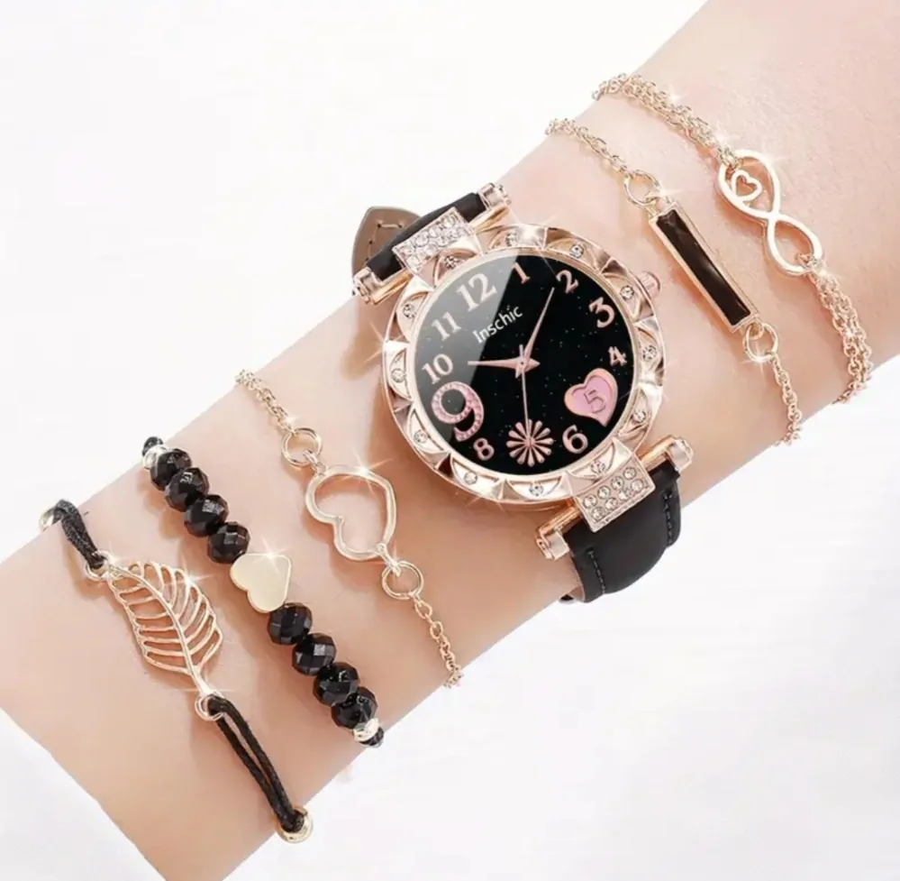 Luxusní dárková sada hodinek se srdíčkem a 5 náramky 